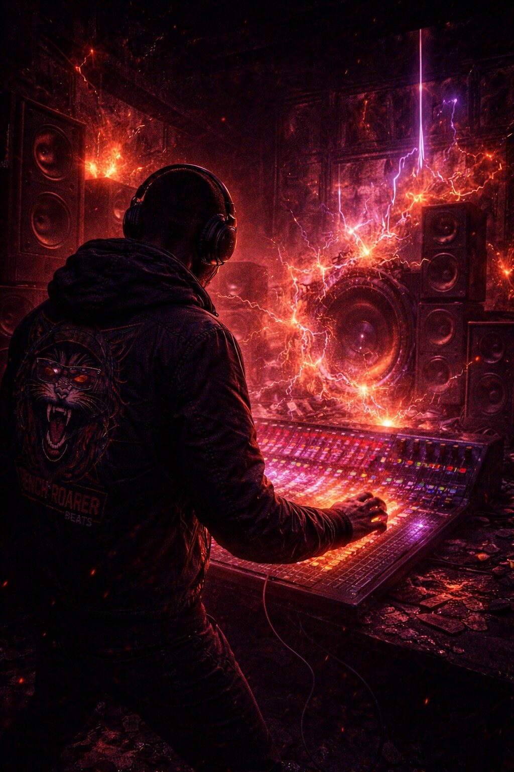 The Trench Roarer at a mixing console surrounded by glowing musical energy.